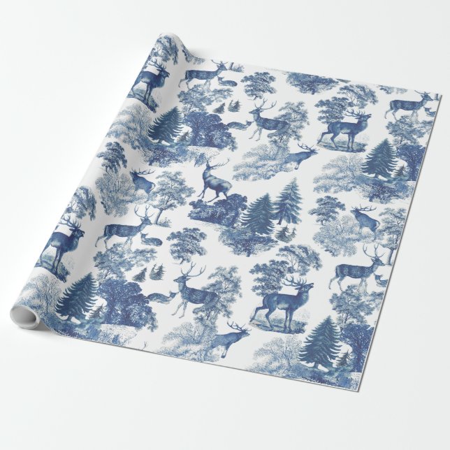 Elegante Vintag Toile Blue Deer in Woodland Geschenkpapier (Ungerollt)