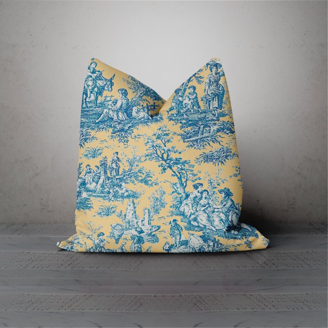 Elegante Vintage, aquamarin-gelbe Jouy-Toile Kissen (Von Creator hochgeladen)