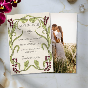 Elegante Vintage Art Nouveau Burgund Foto Hochzeit Save The Date