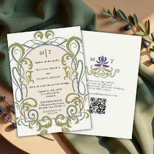 Elegante Vintage-Art Nouveau-QR-Code-Blumenhochzei Einladung