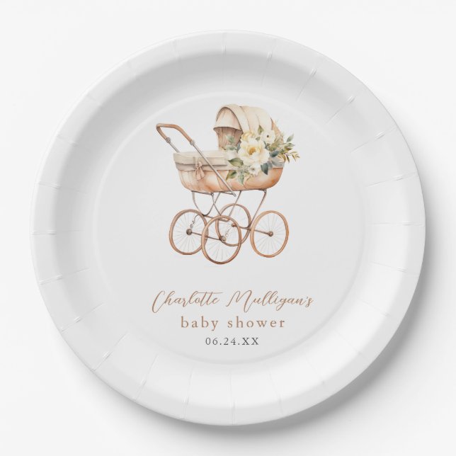 Elegante Vintage Baby Carriage Shower Pappteller (Vorderseite)