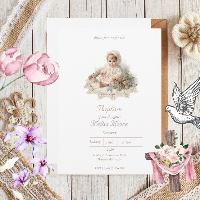 Elegante Vintage Baby Girl Baptisse Einladung (Elegant Vintage Baptism Invitations)