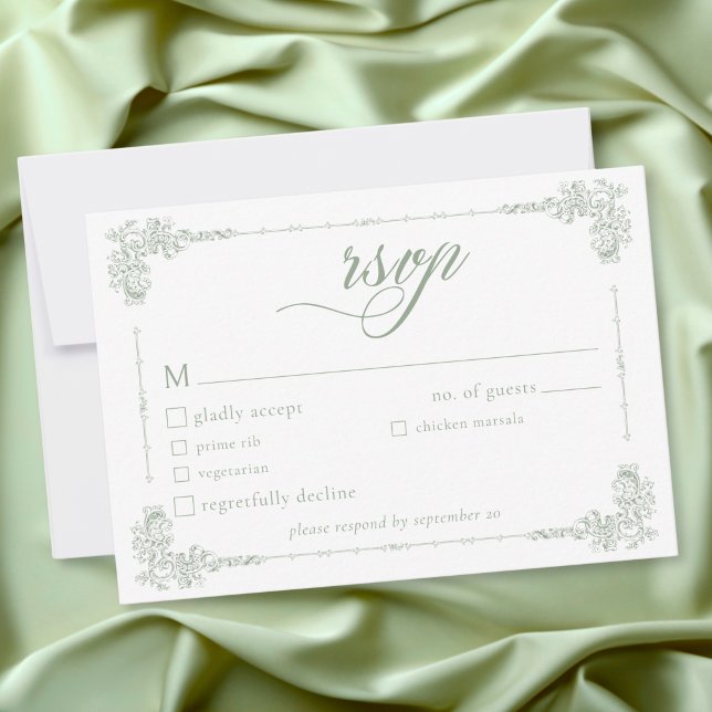 Elegante Vintage-Barock-Hochzeit in Salbeigrün RSVP Karte (Elegant Vintage Baroque Sage Green Wedding RSVP Card)