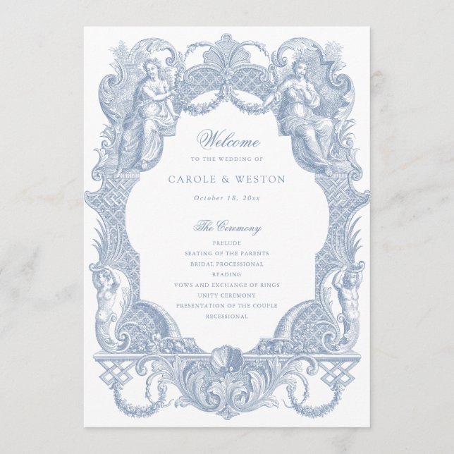 Elegante Vintage Barock Rahmen Blaue Hochzeit Programm (Vorderseite)