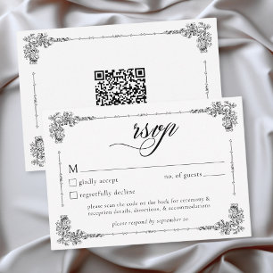 Elegante Vintage-Barock-Schwarz-Weiß-Hochzeits-QR RSVP Karte