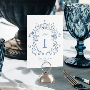 Elegante Vintage-Barock-Wappen Blau Hochzeit Tischnummer