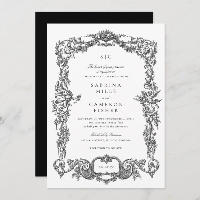 Elegante Vintage barocke Blumenzarge Einladung (Vorne/Hinten)