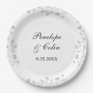 Elegante Vintage Beige Bride Groom Names Wedding Pappteller
