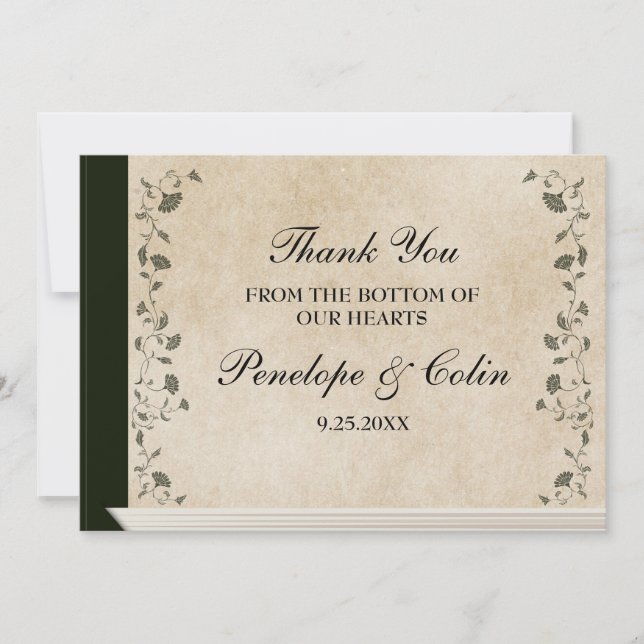 Elegante Vintage Bibliothek Buchdecke Hochzeit Dankeskarte (Vorderseite)