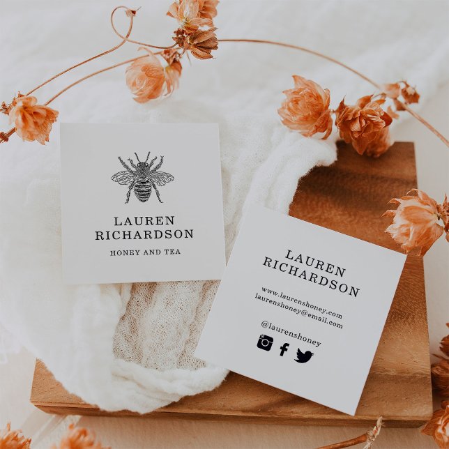 Elegante Vintage Biene | Social Media Icons Quadratische Visitenkarte (elegant vintage bee social media business cards)