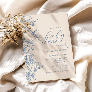 Elegante Vintage Blau Beige Babyparty  Einladung