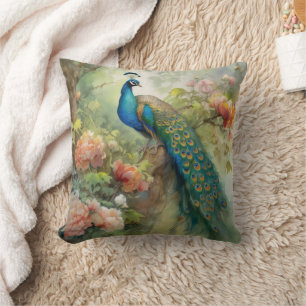 Elegante Vintage Blau Grün Pfau Rosa Blumen  Kissen