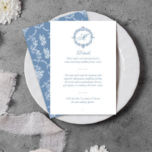 Elegante Vintage-Blau-Toile-Monogramm-Hochzeit Begleitkarte