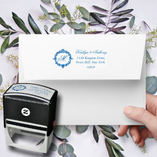 Elegante Vintage-Blau-Toile-Monogramm-Hochzeit Permastempel