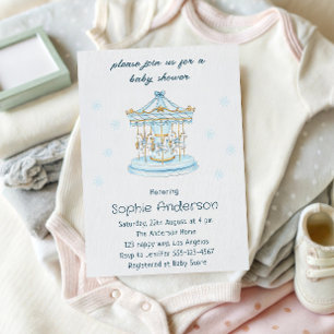Elegante Vintage-Blau- und Gold-Karussell-Baby-Par Einladung