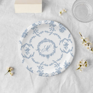 Elegante Vintage Blaue Toile Monogramm Hochzeit Pappteller