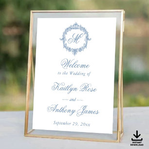 Elegante Vintage Blaue Toile Monogramm Hochzeit Poster