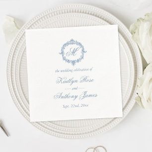 Elegante Vintage Blaue Toile Monogramm Hochzeit Serviette
