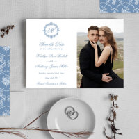 Elegante Vintage Blaue Toile Monogramm Hochzeitsfo