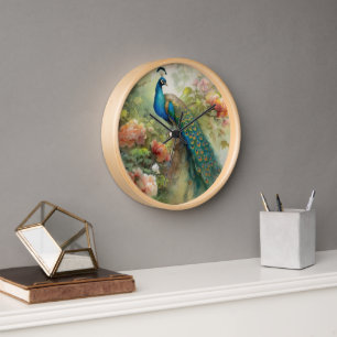 Elegante Vintage blaugrüne Pfauenrosa Blume Uhr