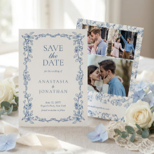 Elegante Vintage-Blue-Foto-Hochzeit Save The Date