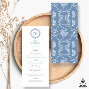 Elegante Vintage-Blue-Toile-Monogramm-Hochzeitsmen Einladung
