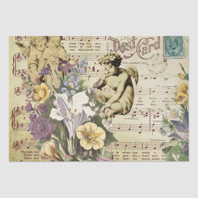 Elegante Vintage Blume Engel und Musiknoten Seidenpapier (Vorderseite)