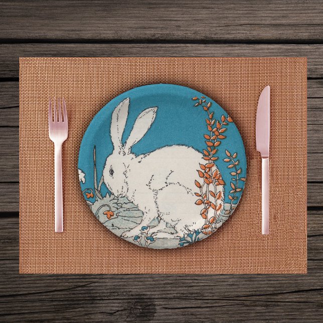 Elegante Vintage Blume Pappteller (Cute white rabbit sitting in orange and white flowers on paper plate.)
