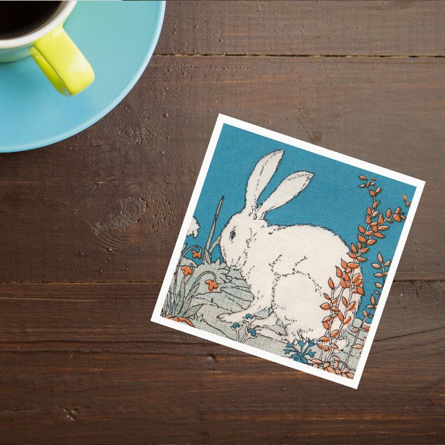 Elegante Vintage Blume Serviette (White fluffy rabbit sitting in flowers on blue Easter napkins.)