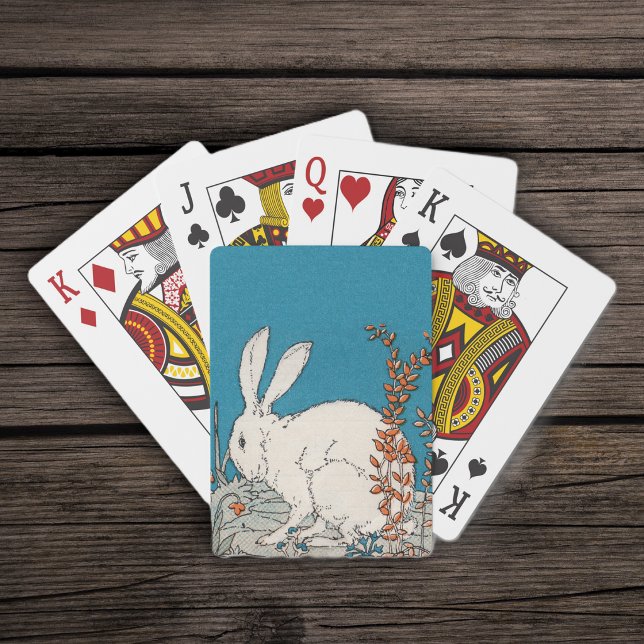 Elegante Vintage Blume Spielkarten (white fluffy rabbit sitting among orange and whte flowers on deep blue deck of playing cards.)
