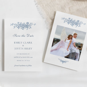 Elegante Vintage-Blumen Blau Foto Save the Date Einladung
