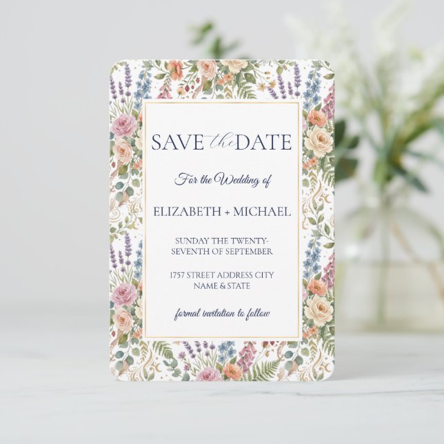 Elegante Vintage-Blumen Botanik Save The Date (Stehend Vorderseite)