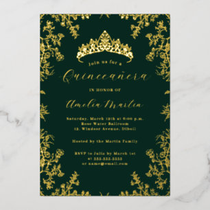 Elegante Vintage-Blumen-Gold-Smaragd-Quinceanera Folieneinladung