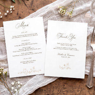 Elegante Vintage-Blumen-Hochzeit in Beige-Tan im v Menükarte