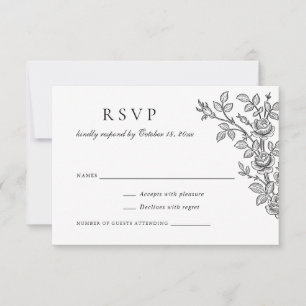 Elegante Vintage Blumen Hochzeit RSVP Schwarz Weiß Einladung