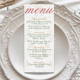 Elegante Vintage-Blumen-Hochzeitsdinner in zartem Menükarte