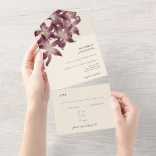 Elegante Vintage Blumen Orchid Lila Creme Hochzeit All In One Einladung