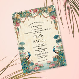 Elegante Vintage-Blumen-Pfau-Indische Hochzeit Einladung