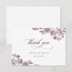 Elegante Vintage Blumen Royal Burgund Hochzeit Dankeskarte