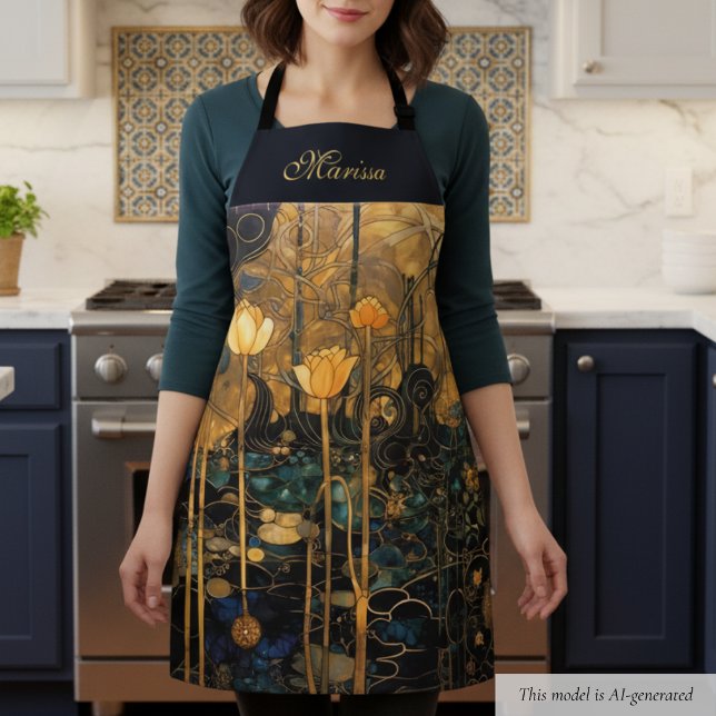 Elegante Vintage-Blumen-Schürze Schürze (elegant black gold vintage art nouveau floral apron with custom name in beautiful script calligraphy)