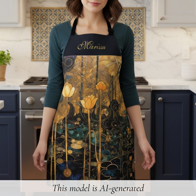Elegante Vintage-Blumen-Schürze Schürze (elegant black gold vintage art nouveau floral apron with custom name in beautiful script calligraphy)