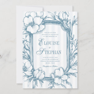 Elegante Vintage-Blumen-Toile-Blau-Streifen-Hochze Einladung