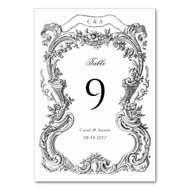 Elegante Vintage Blumen-Toile-Hochzeit Tischnummer (Vorderseite)