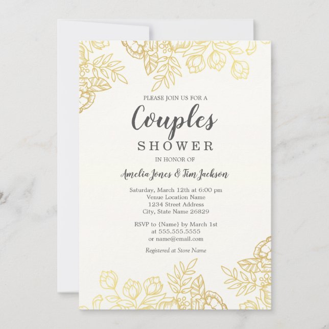 Elegante Vintage Blumenpaare Dusche Einladung (Vorderseite)