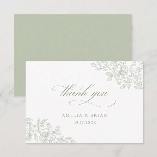 Elegante Vintage Blumensage Grüne Skripthochzeit Dankeskarte (Vorne/Hinten)