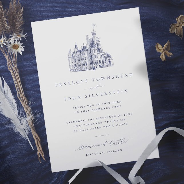 Elegante Vintage Burg Einladung (Minimalist weddingn invitation with small detailed illustration of a castle at the top)