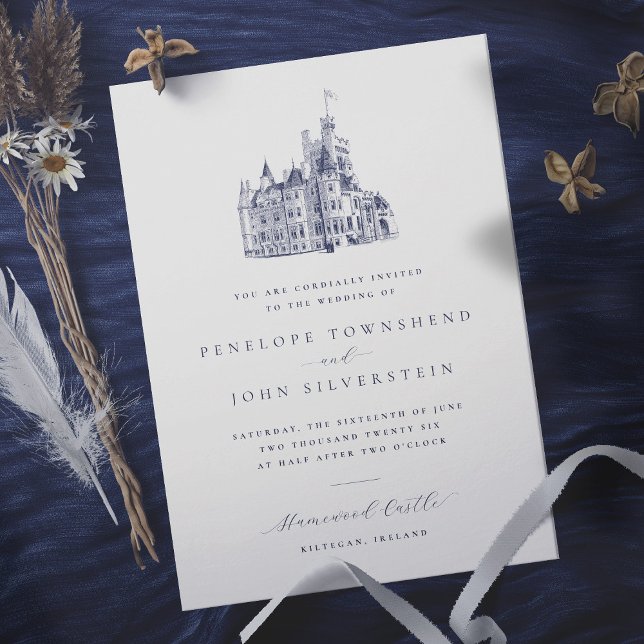 Elegante Vintage Burg Einladung (Elegant vintage wedding invitation with illustration of a castle)