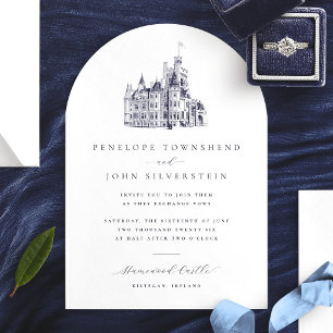 Elegante Vintage-Burg-Illustration Bogenhochzeit Einladung