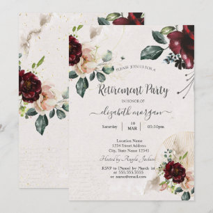 Elegante Vintage Burgunder Blumen Ruhestandsfeier Einladung