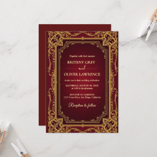 Elegante Vintage Burgunder Rot- und Goldhochzeit Einladung
